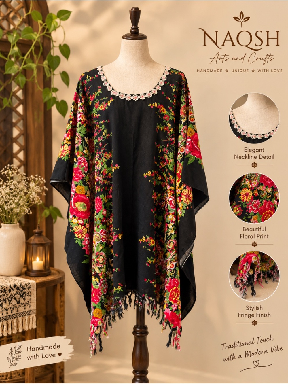 NAKSH Elegant floral linen cotton poncho dress